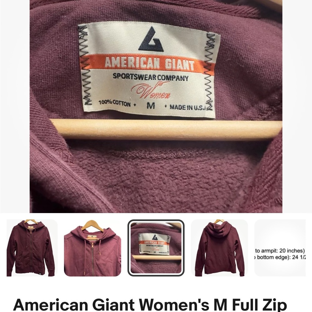 American Giant Women's M Full Zip Burgundy Red Hoodie Sweatshirt Jacket USA euc